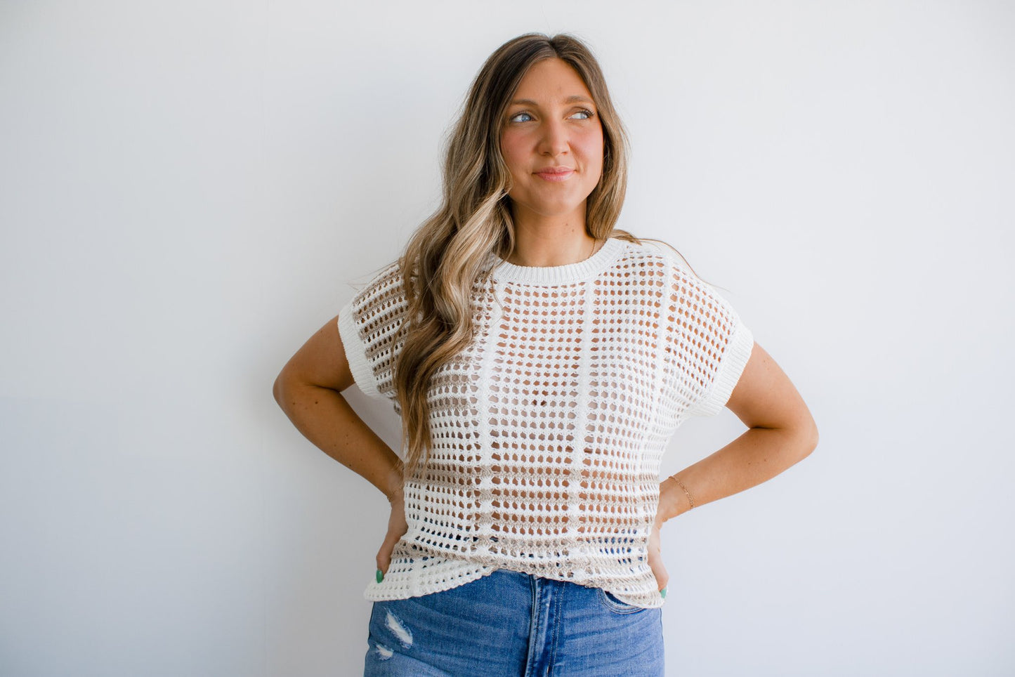 Multi Stripe Short Sleeve Sheer Crochet Knit Top