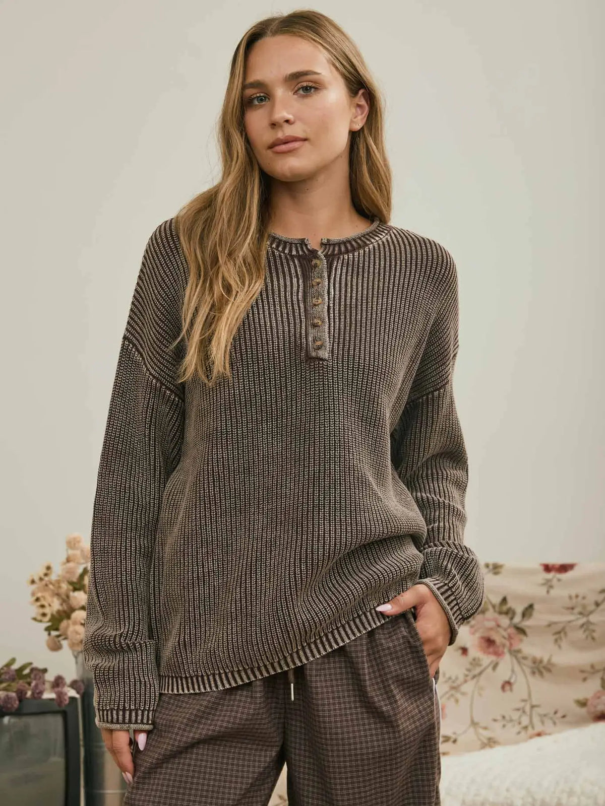 Brown Wash Henley Sweater
