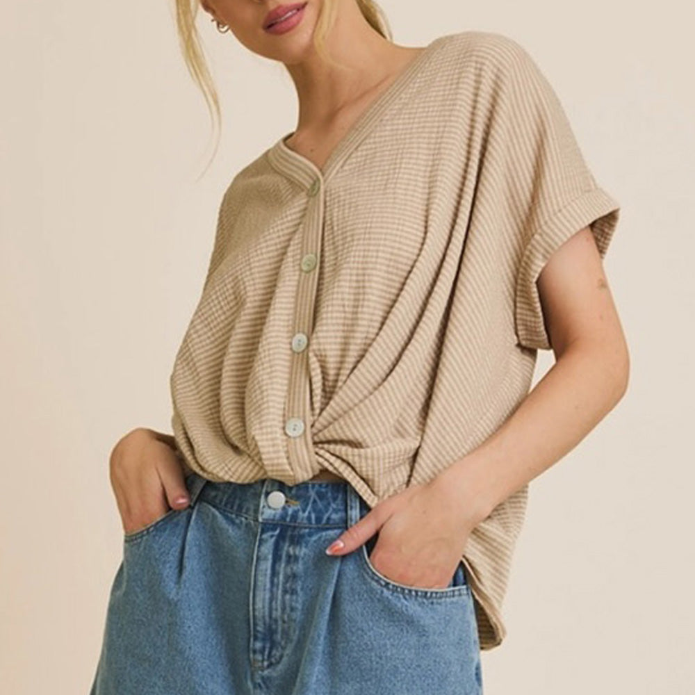 V-Neck Button Up Short Sleeve Stripe Top