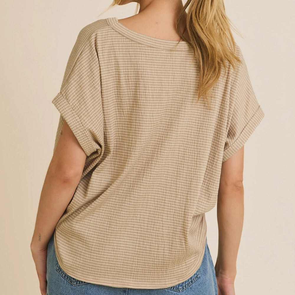 V-Neck Button Up Short Sleeve Stripe Top