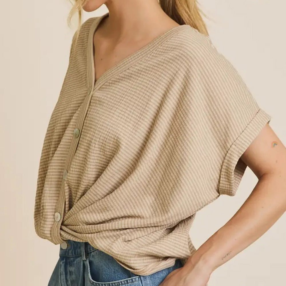 V-Neck Button Up Short Sleeve Stripe Top