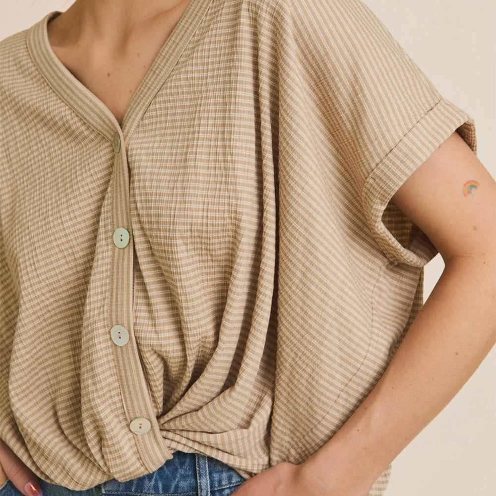 V-Neck Button Up Short Sleeve Stripe Top