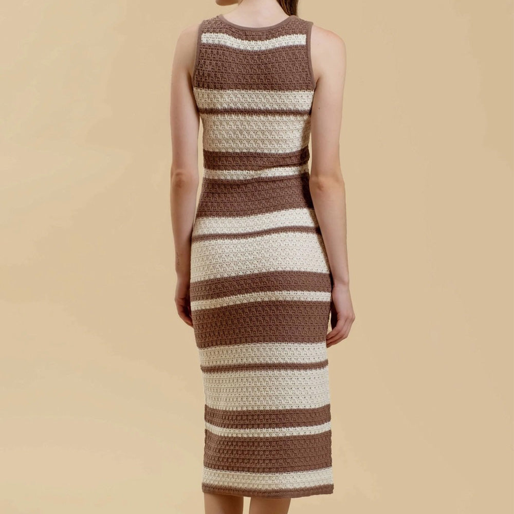 Stripe Sleeveless Crochet Knit Midi Dress