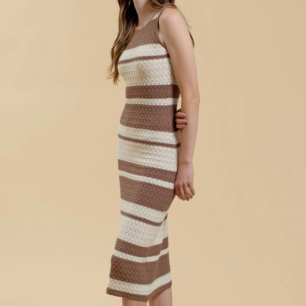 Stripe Sleeveless Crochet Knit Midi Dress