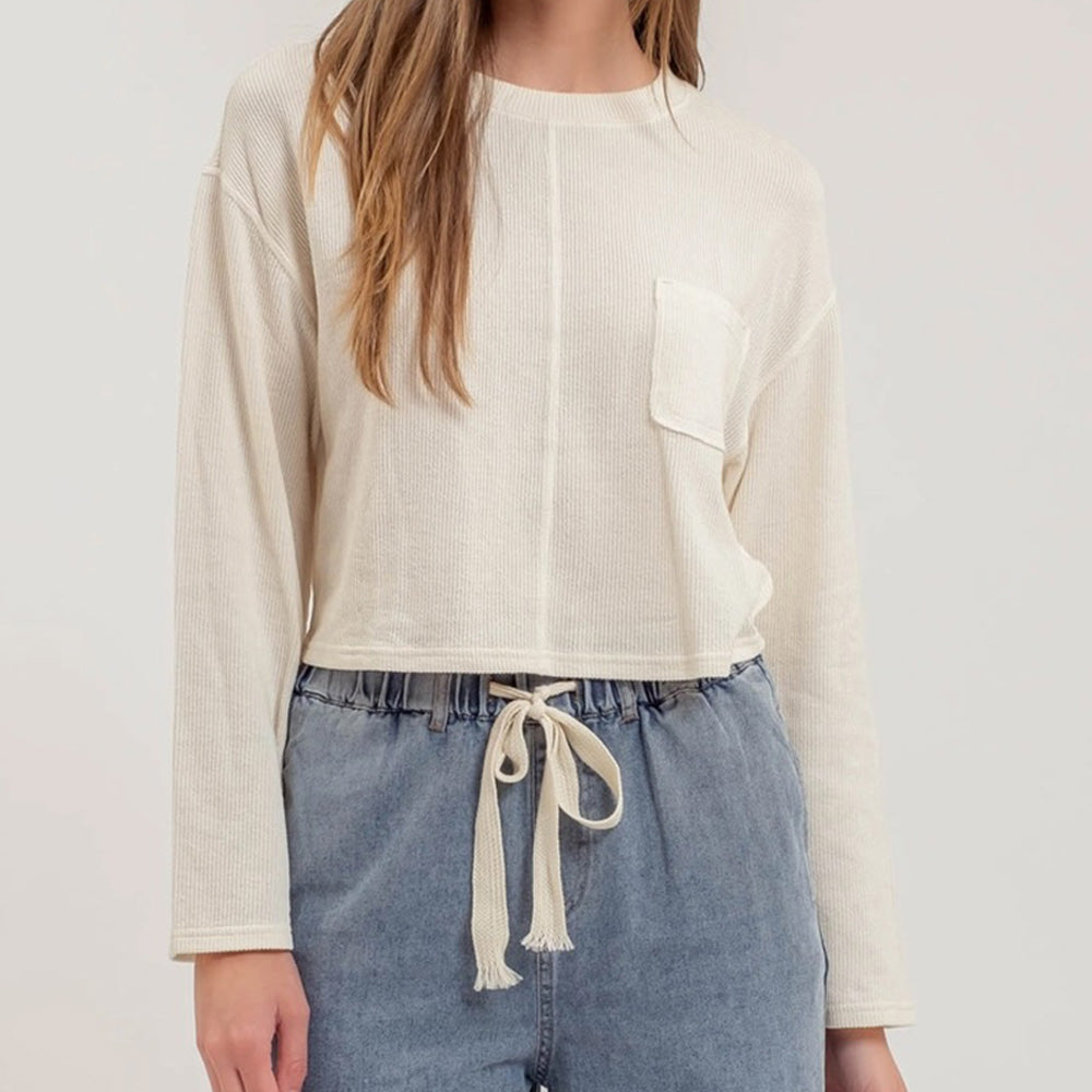 Crewneck Long Sleeve Ribbed Knit Top