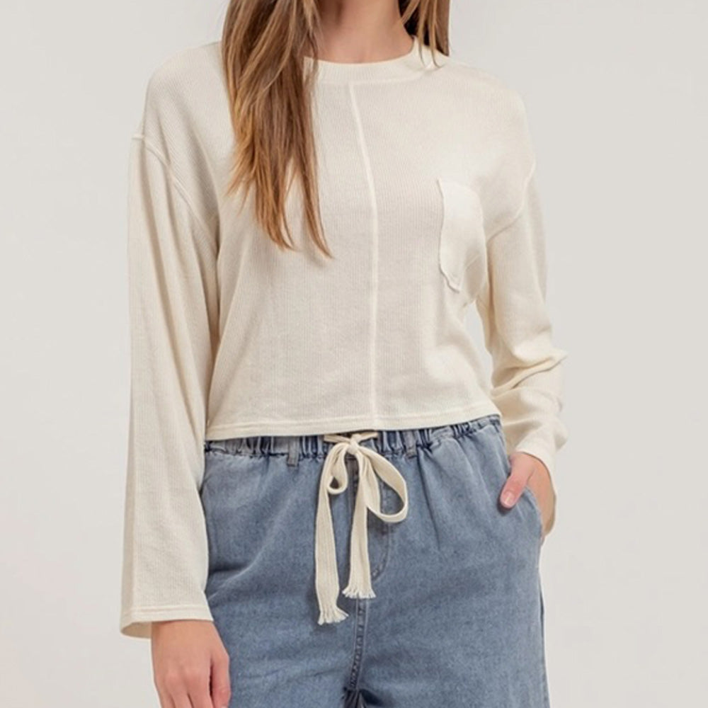 Crewneck Long Sleeve Ribbed Knit Top
