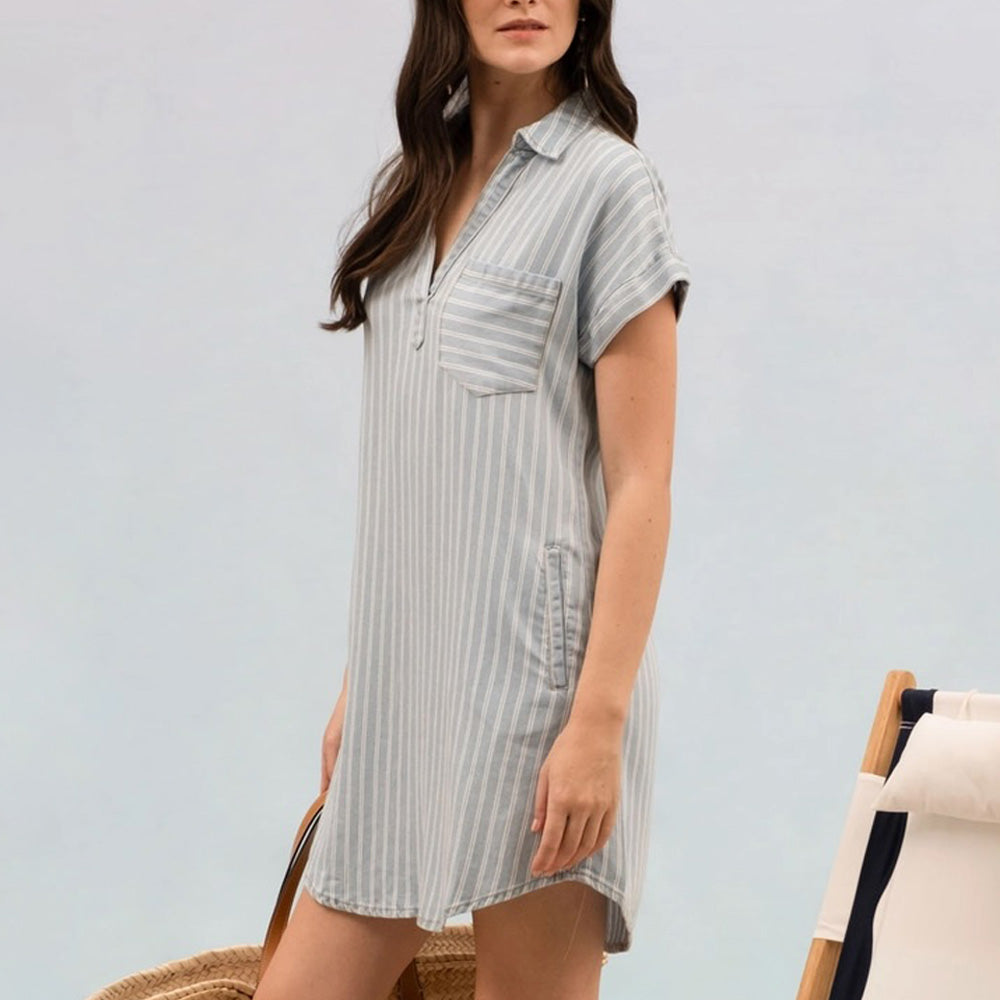 Stripe Chambray Collard Mini Dress