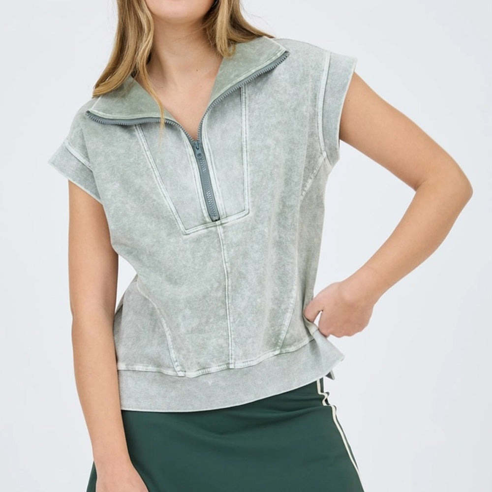 Washed Half Zip Sleeveless Knit Top