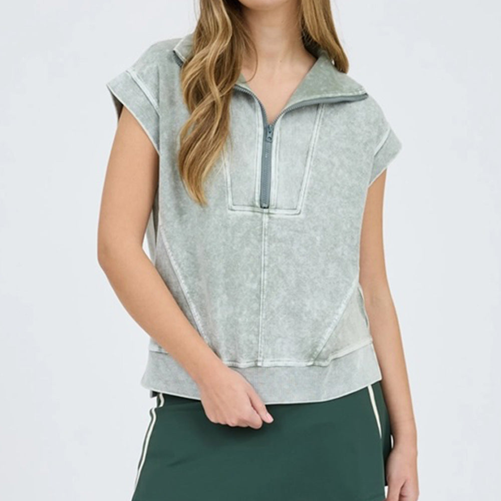 Washed Half Zip Sleeveless Knit Top