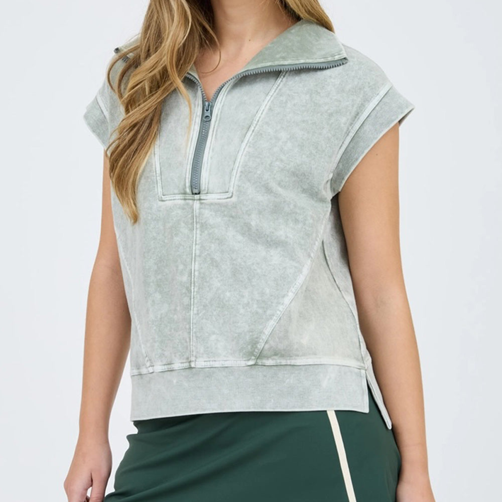 Washed Half Zip Sleeveless Knit Top
