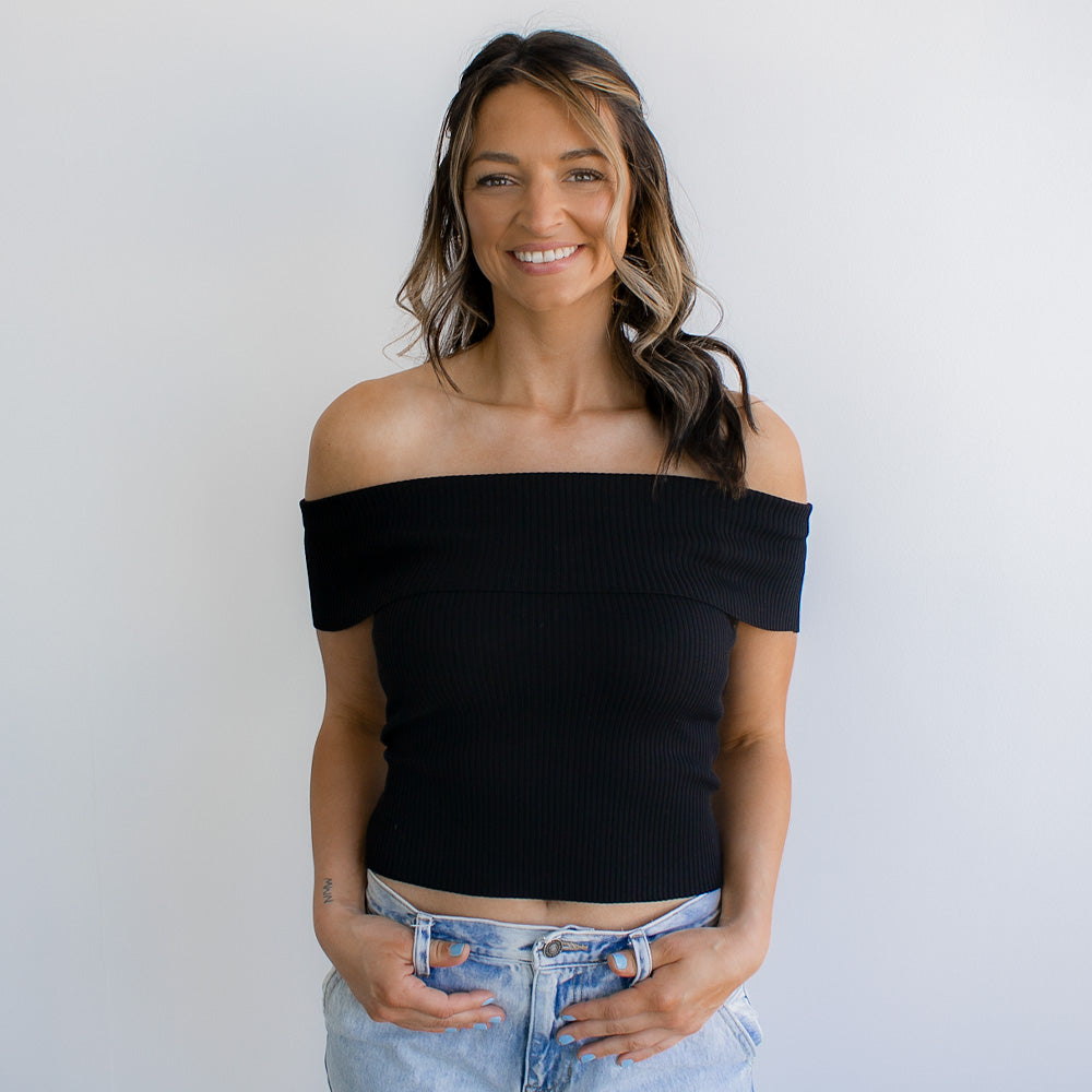 Off the Shoulder Fold Over Sweater Knit Top