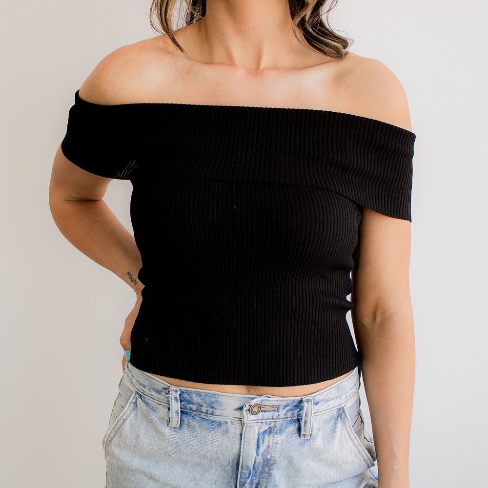 Off the Shoulder Fold Over Sweater Knit Top
