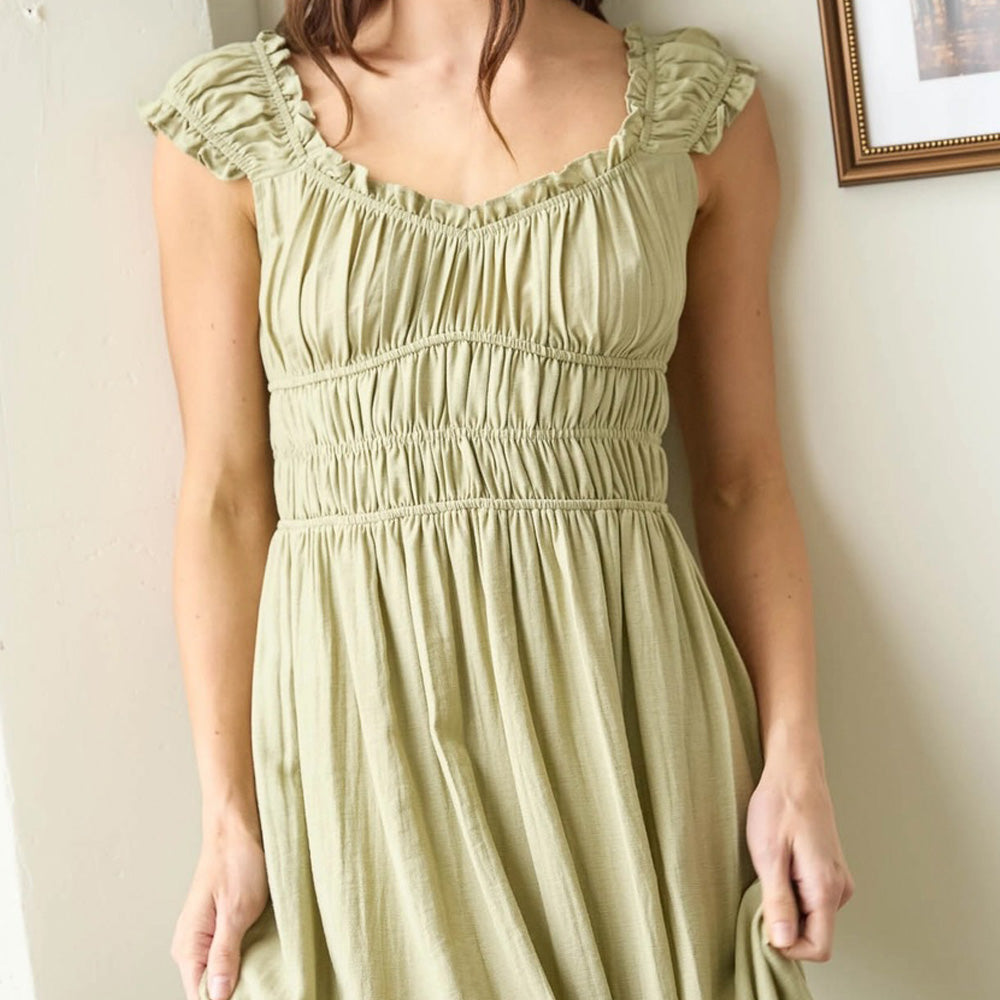 Shirred Waist Short Sleeve Midi Dress
