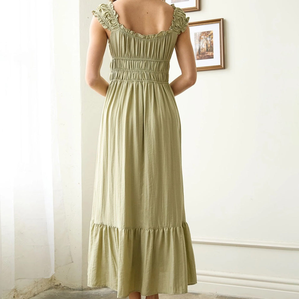 Shirred Waist Short Sleeve Midi Dress