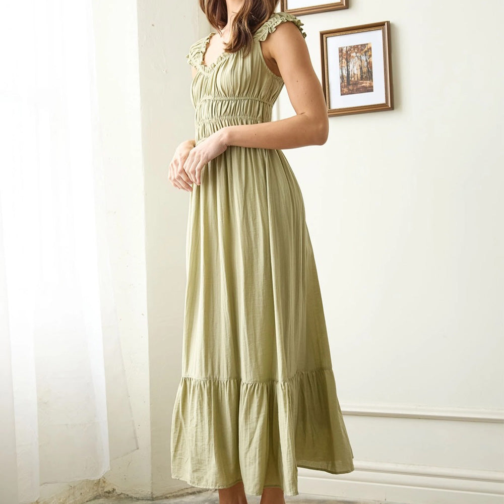 Shirred Waist Short Sleeve Midi Dress