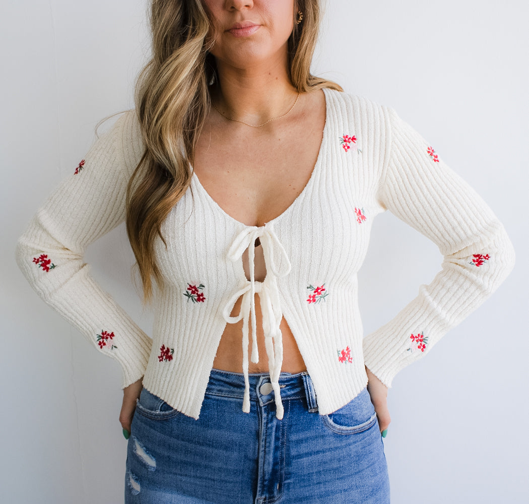 Floral Embroidery Detail Front Tie Knit Cardigan