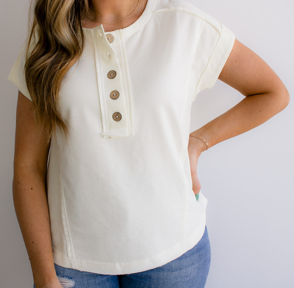 Exposed Seam Short Sleeve Henley Knit Top