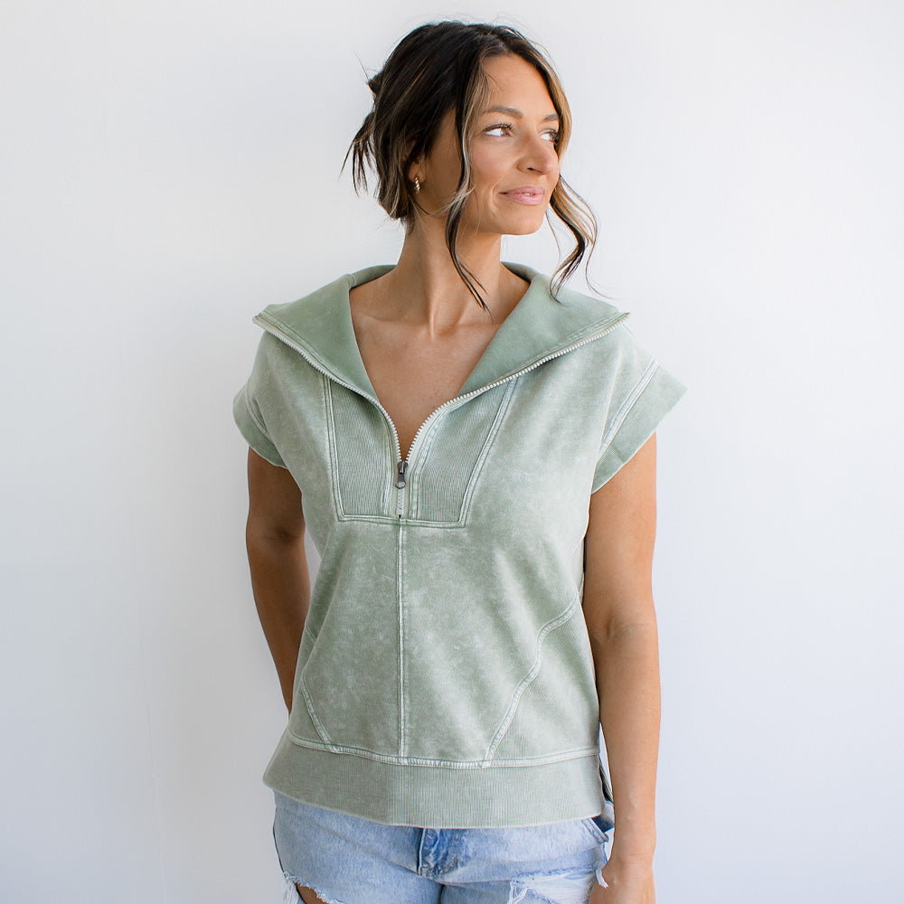 Washed Half Zip Sleeveless Knit Top
