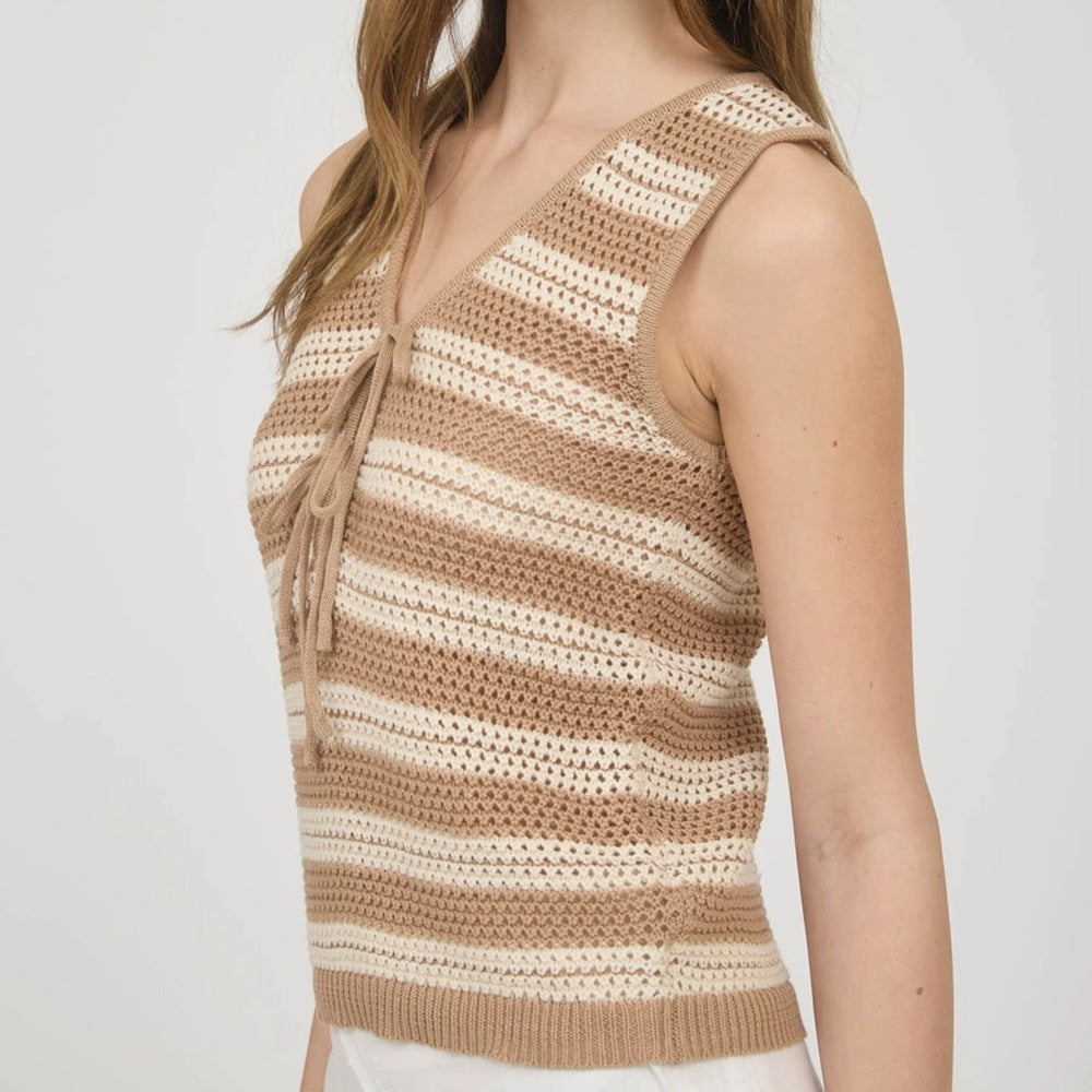Stripe Front Tie Sleeveless Crochet Knit Pullover