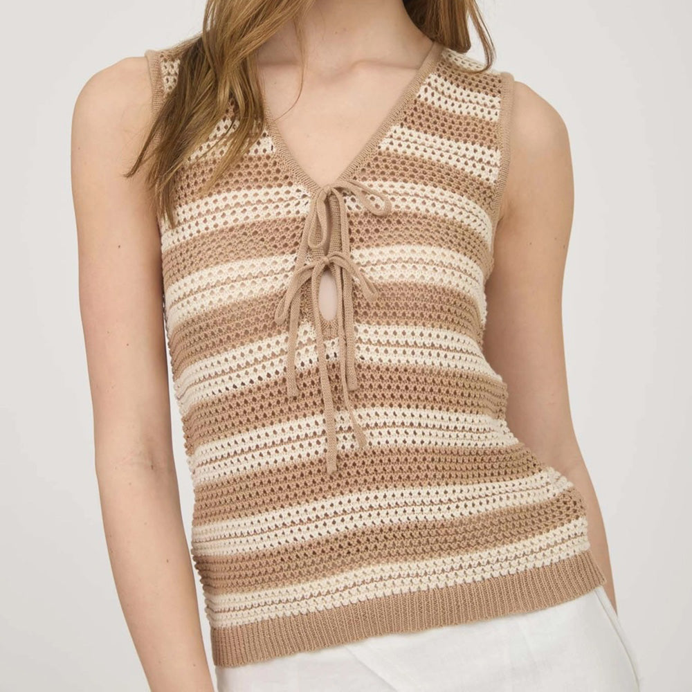 Stripe Front Tie Sleeveless Crochet Knit Pullover