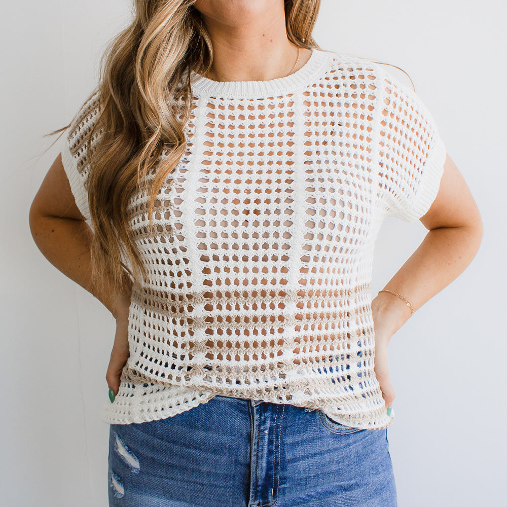 Multi Stripe Short Sleeve Sheer Crochet Knit Top