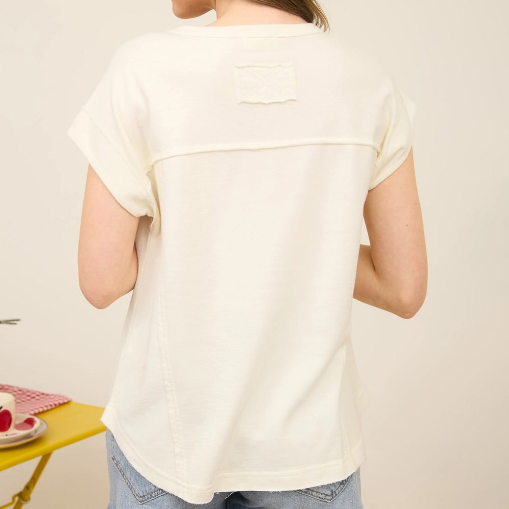Exposed Seam Short Sleeve Henley Knit Top