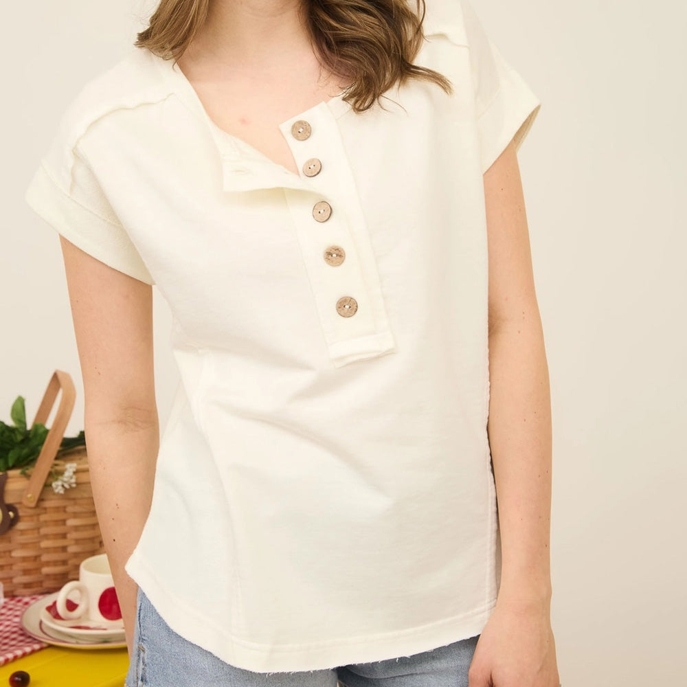 Exposed Seam Short Sleeve Henley Knit Top