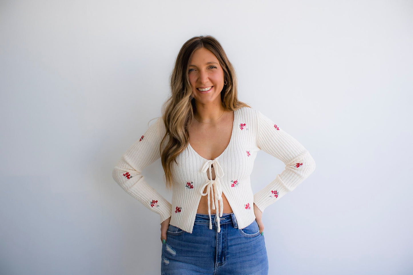 Floral Embroidery Detail Front Tie Knit Cardigan