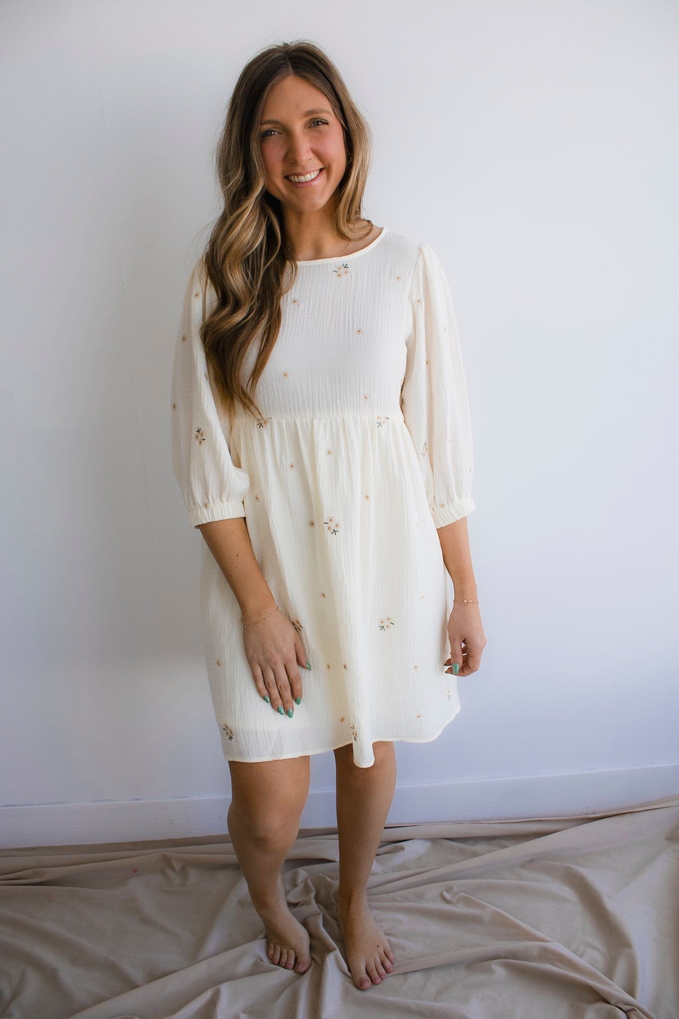 3/4 Sleeve Floral Emroidered Dress