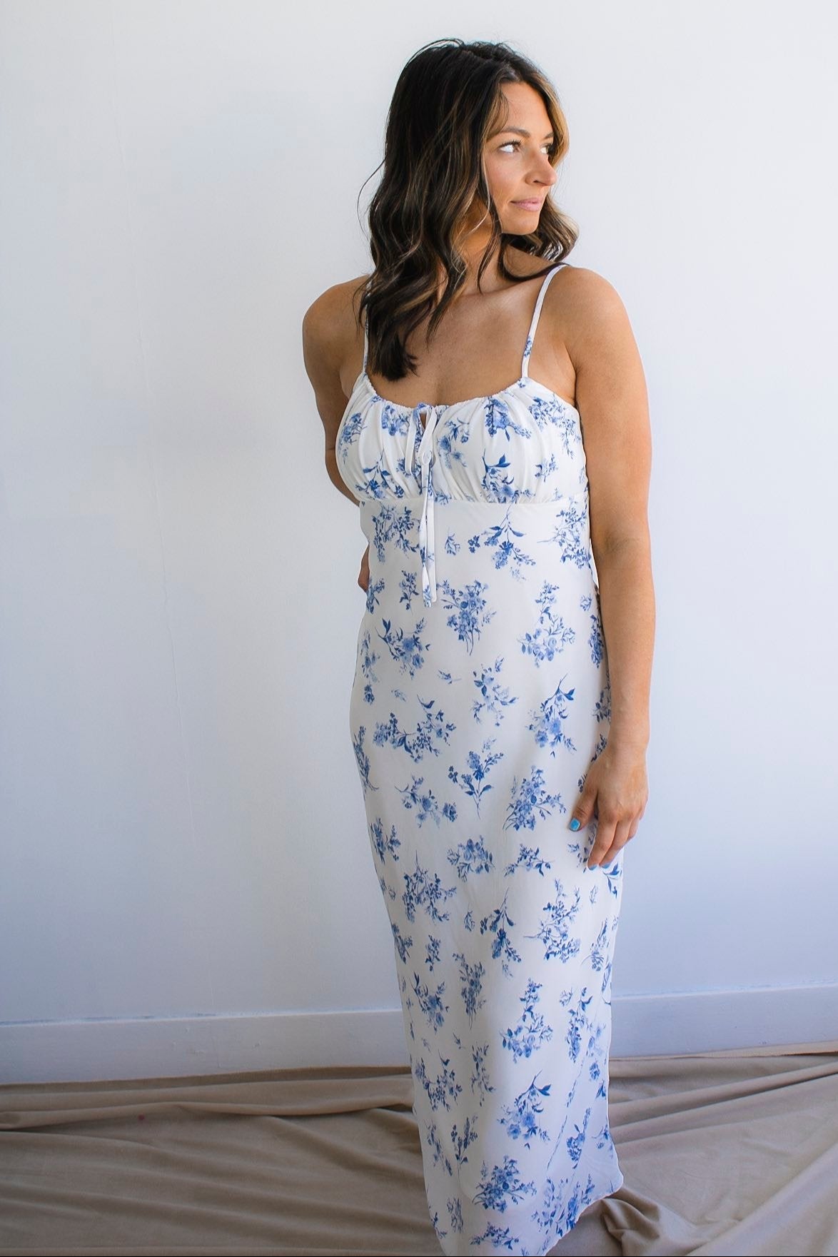 Floral Spaghetti Strap Drawstring Front Midi Dress