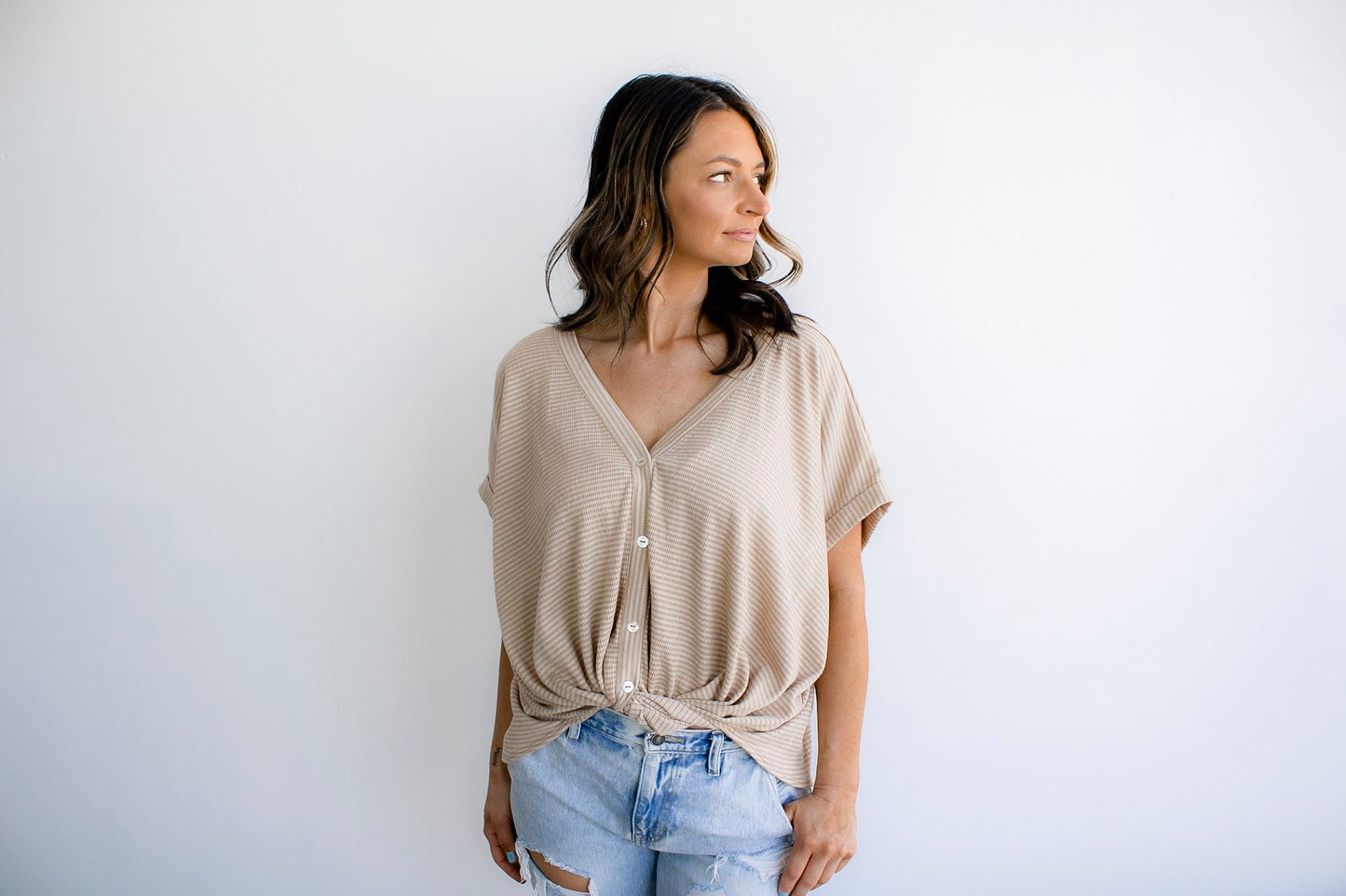 V-Neck Button Up Short Sleeve Stripe Top