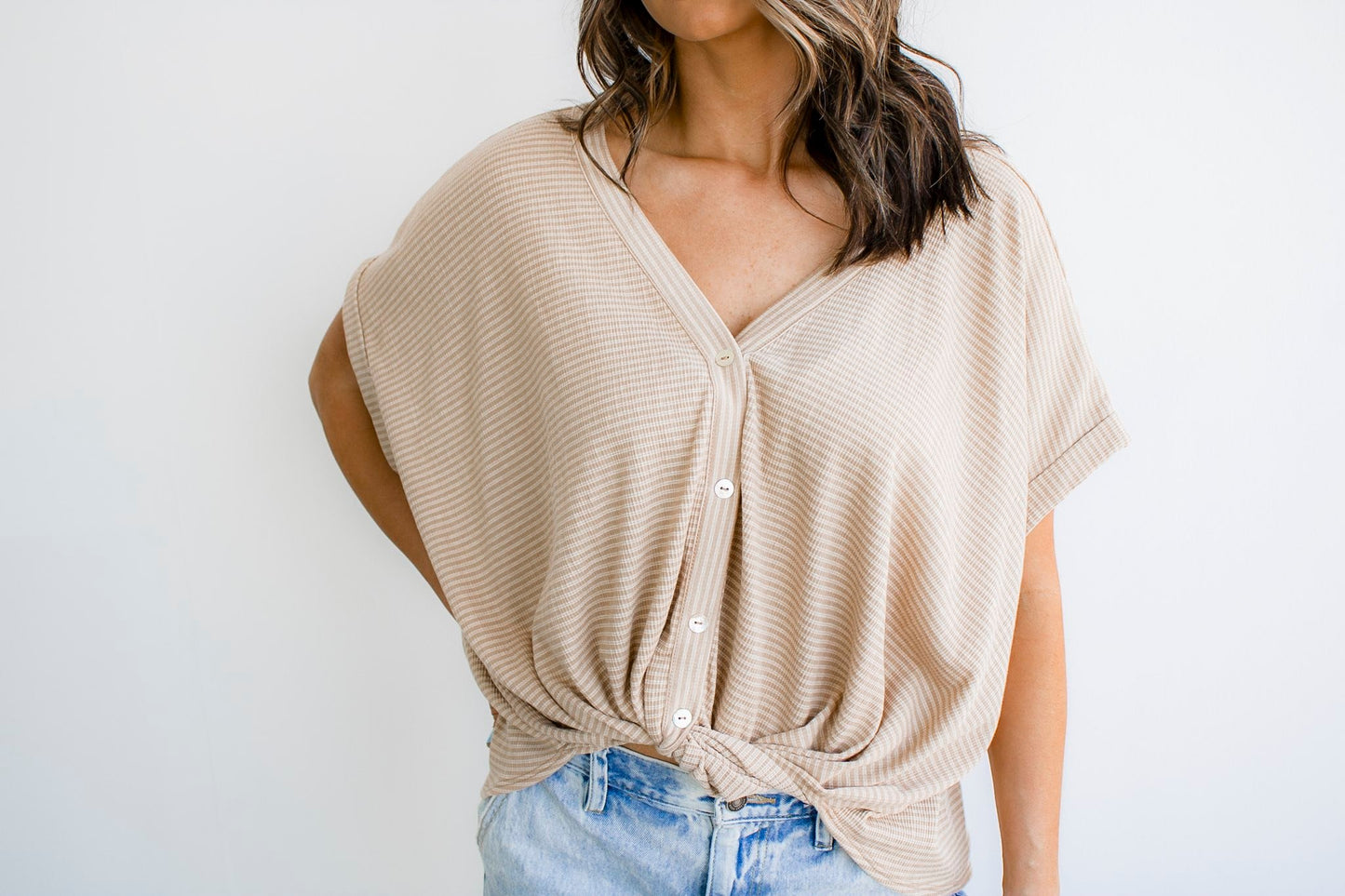 V-Neck Button Up Short Sleeve Stripe Top