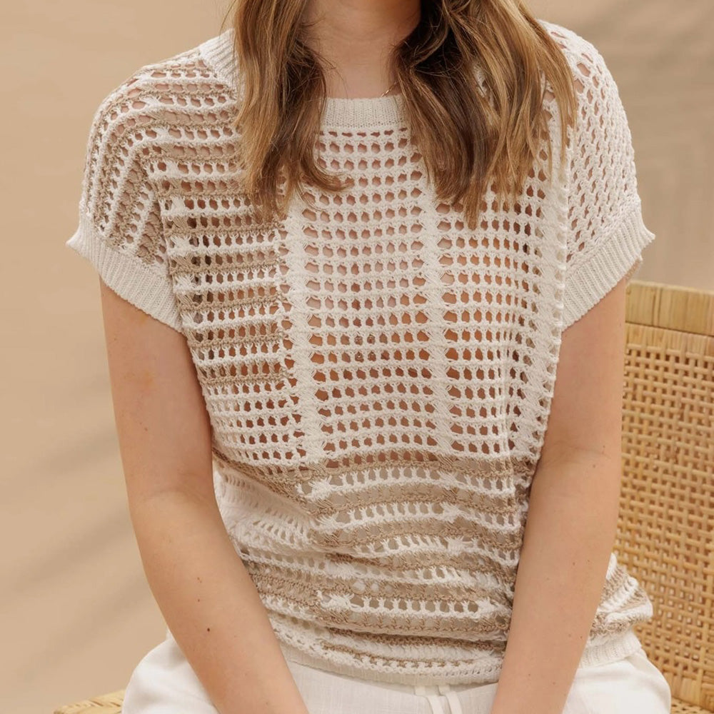 Multi Stripe Short Sleeve Sheer Crochet Knit Top