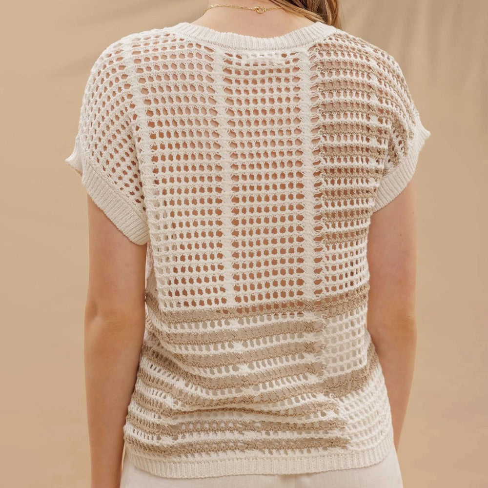 Multi Stripe Short Sleeve Sheer Crochet Knit Top