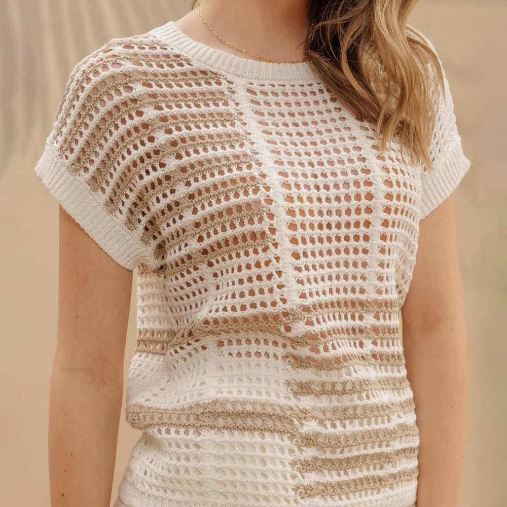 Multi Stripe Short Sleeve Sheer Crochet Knit Top
