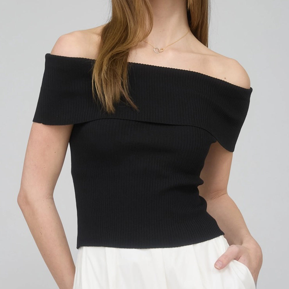 Off the Shoulder Fold Over Sweater Knit Top