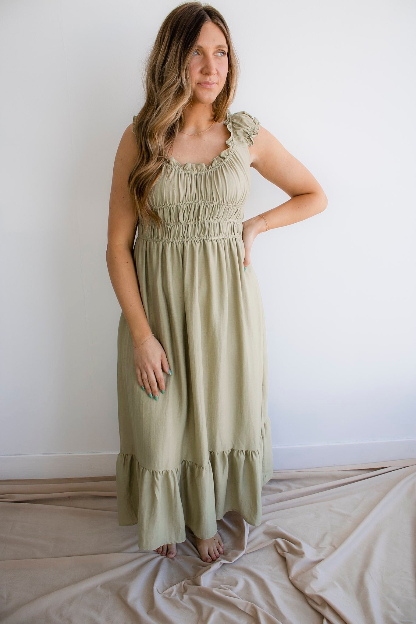 Shirred Waist Short Sleeve Midi Dress