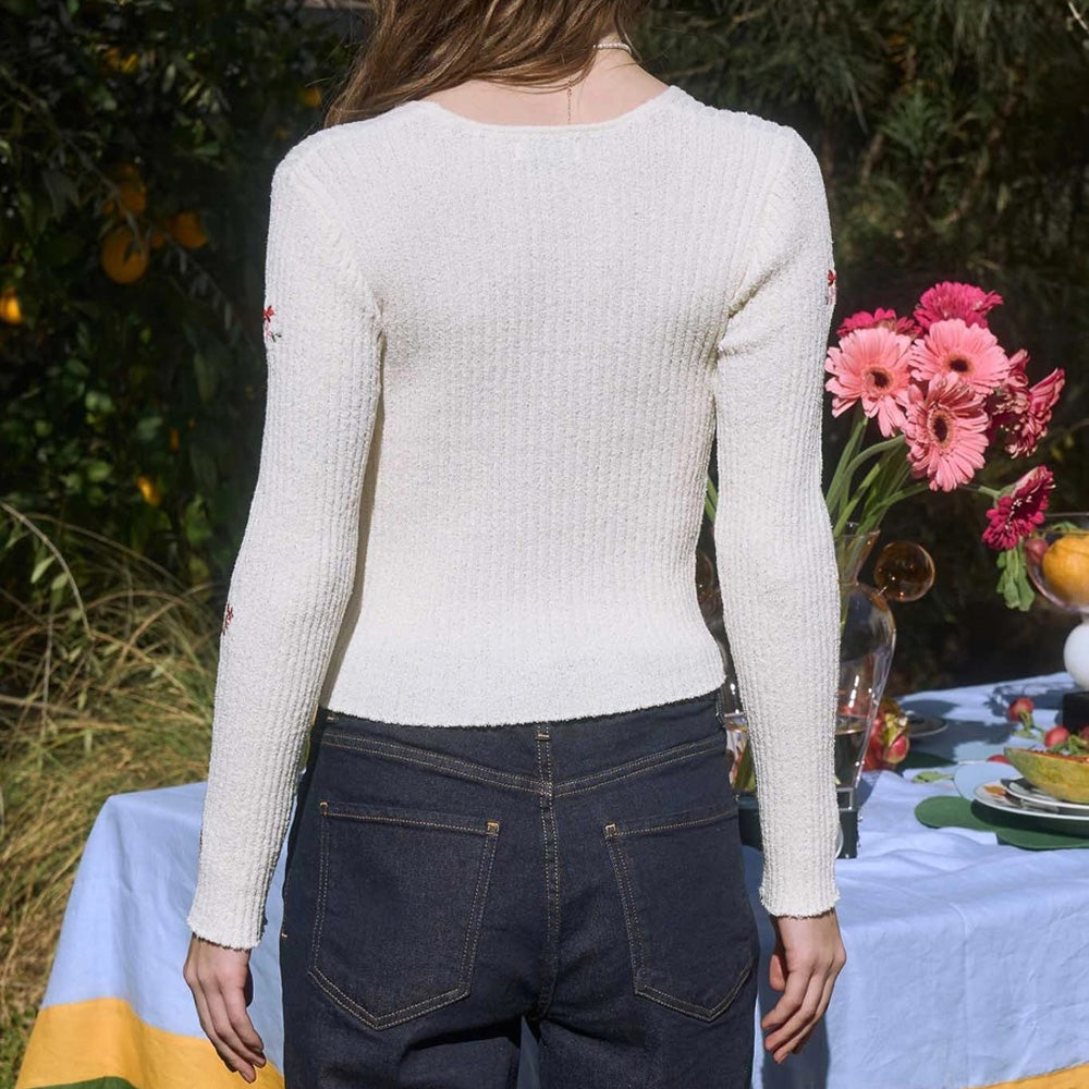 Floral Embroidery Detail Front Tie Knit Cardigan