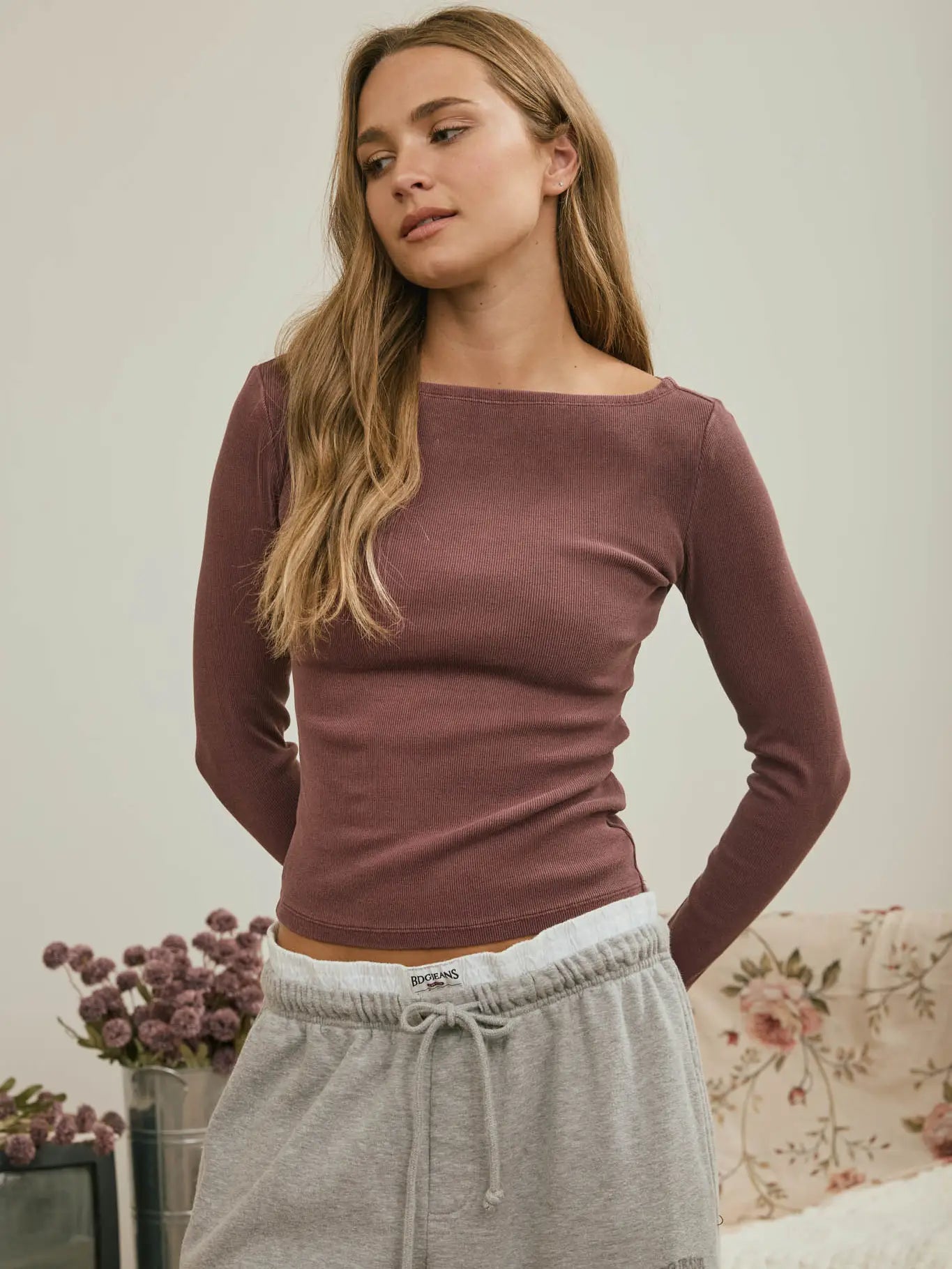 Boat Neck Long Sleeve Ribbed Knit