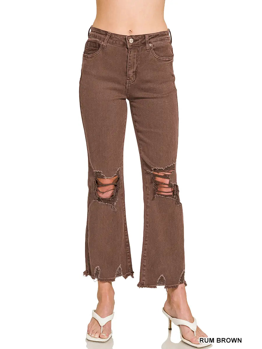 Brown Acid Wash Distressed Jeans