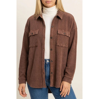 Brown Wash Waffle Knit Button Up Jacket