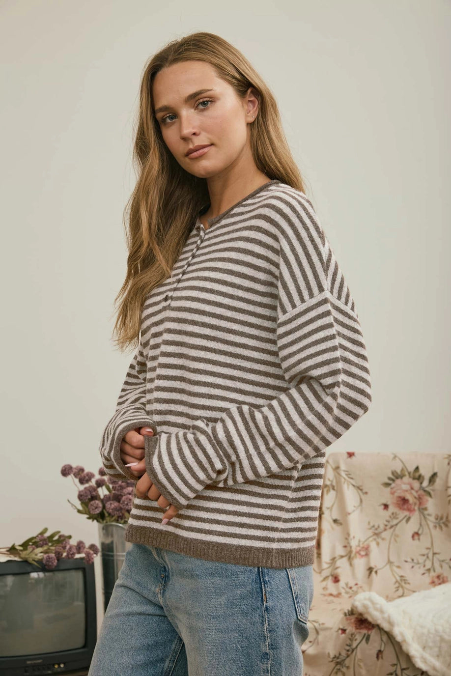 Mocha Striped Henley Sweater