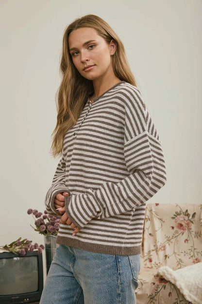 Mocha Striped Henley Sweater