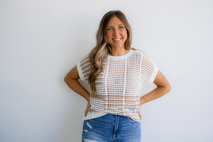 Multi Stripe Short Sleeve Sheer Crochet Knit Top