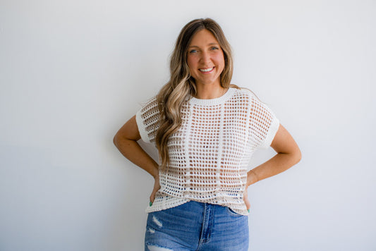 Multi Stripe Short Sleeve Sheer Crochet Knit Top