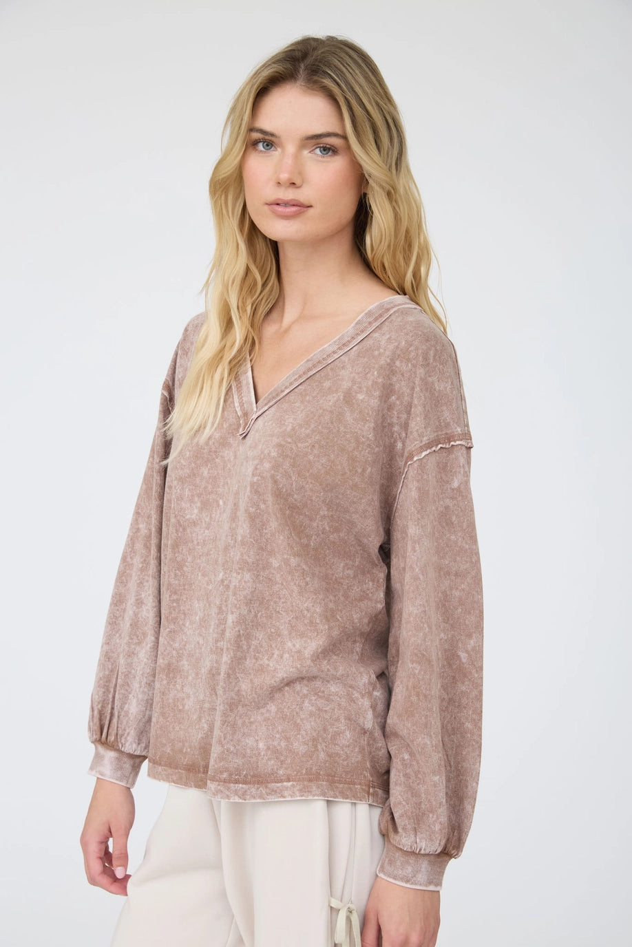Acid Wash Long Sleeve V-Neck