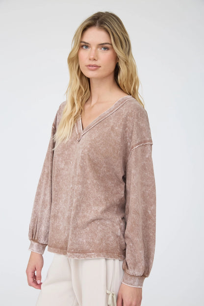 Acid Wash Long Sleeve V-Neck