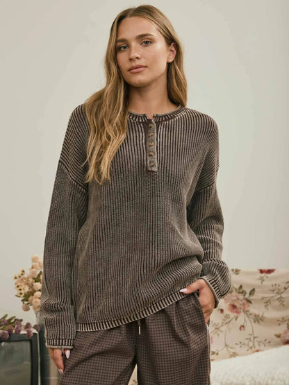 Brown Wash Henley Sweater