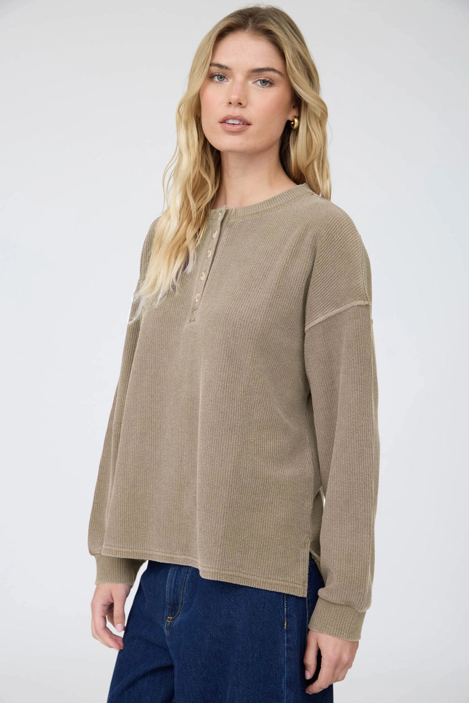 Henley Ribbed Boxy Long Sleeve Washed Knit Top
