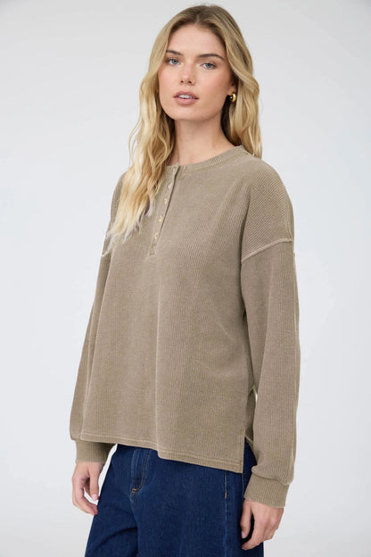 Henley Ribbed Boxy Long Sleeve Washed Knit Top